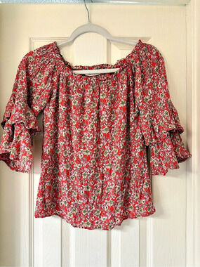 Vine & Love Floral Ruffle Sleeve Rayon Blouse in Red